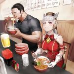  1boy 1girl alcohol animal_ears bangs beer black_hair blunt_bangs blush bow bowl bowtie breasts chair commission cup drinking_glass eating food gloves gold_ship_(umamusume) hat horse_ears kasei_yukimitsu kiryuu_miyazawa looking_at_viewer noodles nori_(seaweed) ramen silver_hair sitting skeb_commission spoon tough umamusume violet_eyes water 