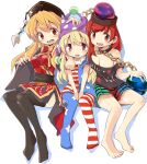  3girls absurdres american_flag_dress american_flag_legwear barefoot black_headwear black_legwear black_shirt blonde_hair blush breasts chain chinese_clothes clownpiece dress earth_(ornament) hat hecatia_lapislazuli highres jester_cap junko_(touhou) large_breasts long_hair mukuroi multiple_girls off-shoulder_shirt off_shoulder open_mouth pantyhose phoenix_crown pink_eyes pleated_skirt polka_dot polos_crown purple_headwear red_dress red_eyes redhead shirt short_hair simple_background skirt star_(symbol) star_print striped striped_dress striped_legwear t-shirt thigh-highs touhou vertical-striped_dress vertical-striped_legwear vertical_stripes white_background 