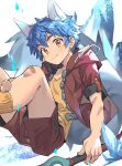  1boy bandaged_leg bandages blue_hair chinese_commentary commentary_request fang highres jacket looking_at_viewer original red_jacket ryuou_oohashi shirt short_sleeves shorts white_background yellow_eyes yellow_legwear yellow_shirt 