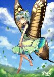  1girl antennae aqua_hair bare_legs barefoot blush butterfly_wings day dress eternity_larva eyebrows_visible_through_hair fairy full_body green_dress hair_between_eyes harunako highres leaf leaf_on_head multicolored_clothes multicolored_dress open_mouth short_hair signature single_strap solo touhou wings yellow_eyes 