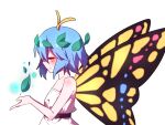  1girl alternate_costume antennae aqua_hair butterfly_wings closed_mouth dress eternity_larva eyebrows_visible_through_hair fairy from_side gla hair_between_eyes highres leaf leaf_on_head short_hair simple_background sleeveless sleeveless_dress smile solo touhou upper_body white_background white_dress wings yellow_eyes 
