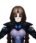  1girl artist_request bangs braid breasts brown_hair fortified_suit glasses green_eyes long_hair looking_at_viewer medium_breasts muvluv muvluv_alternative official_art parted_bangs pilot_suit project_mikhail round_eyewear sakaki_chizuru skin_tight solo thick_eyebrows transparent_background twin_braids upper_body very_long_hair 
