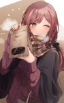  1girl ;) absurdres bag bangs black_jacket blush brown_eyes brown_hair closed_mouth coffee_beans commentary_request eyebrows_visible_through_hair highres holding holding_bag idolmaster idolmaster_shiny_colors jacket long_hair long_sleeves looking_at_viewer nail_polish odecono3 one_eye_closed oosaki_amana plaid plaid_scarf red_nails red_sweater scarf smile solo sweater upper_body v-shaped_eyebrows 