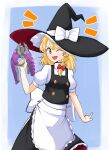  1girl absurdres apron black_dress blonde_hair blue_background bow braid brown_eyes crossover dress gun halo_(series) hat hat_bow highres holding holding_gun holding_weapon joe_(bigdiddy22) kirisame_marisa medium_hair needler one_eye_closed pointing side_braid smile touhou weapon white_bow 