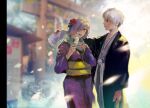  1boy 1girl alternate_costume arm_at_side bangs blurry blurry_background colored_skin day flower grey_hair hair_flower hair_ornament hair_over_one_eye hand_up hands_up highres holding japanese_clothes kaneki_ken kimono kirishima_touka kyuuba_melo looking_at_another obi outdoors purple_kimono red_flower red_skin sash shiny shiny_hair smile tokyo_ghoul tokyo_ghoul:re torii 