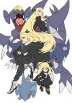  1girl age_progression bangs black_dress black_footwear boots breasts commentary_request cynthia_(pokemon) dress evolution full_body gabite garchomp gible hand_on_hip highres large_breasts long_hair long_sleeves looking_at_viewer open_mouth pokemon pokemon_(creature) pokemon_(game) pokemon_dppt sharp_teeth shoes short_hair sideways_glance simple_background sketch sneakers teeth white_background white_footwear xia_(ryugo) yellow_eyes younger 