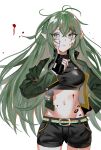 1girl antenna_hair arknights ass_visible_through_thighs bangs belt belt_buckle black_shorts blood blood_on_face breasts brown_eyes buckle closed_mouth cowboy_shot crop_top eyebrows_visible_through_hair finger_to_cheek gavial_(arknights) green_hair green_jacket hand_on_hip jacket long_hair long_sleeves looking_at_viewer medium_breasts navel open_clothes open_jacket oripathy_lesion_(arknights) pointy_ears ryoma_(rym_369) shorts solo stomach very_long_hair 