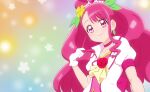  1girl choker closed_mouth collarbone cure_grace dress earrings fuchi_(nightmare) hair_ornament hanadera_nodoka healin&#039;_good_precure heart heart_hair_ornament highres jewelry leaf_earrings long_hair looking_at_viewer magical_girl pink_choker pink_eyes pink_hair precure puffy_short_sleeves puffy_sleeves short_sleeves smile solo upper_body white_dress 