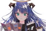  1girl arknights bangs blue_hair blush closed_mouth cup demon_horns disposable_cup eyebrows_visible_through_hair fur_trim green_eyes halo holding holding_cup horns long_hair mostima_(arknights) pamphlet reading ryoma_(rym_369) simple_background solo upper_body white_background 