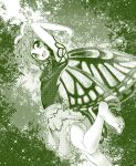  0-den 1girl antennae bare_legs barefoot blush butterfly_wings dress eternity_larva eyebrows_visible_through_hair fairy highres leaf leaf_on_head looking_at_viewer monochrome multicolored_clothes multicolored_dress open_mouth short_hair skirt smile solo touhou wings 