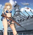  1girl absurdres aircraft american_flag bangs battle_rifle battleship bikini blonde_hair blue_bikini blue_eyes blue_jacket blue_sky breasts camouflage camouflage_jacket carrying closed_mouth clouds cloudy_sky day eyebrows_visible_through_hair folded_ponytail front-tie_bikini front-tie_top gun hand_on_own_thigh helicopter highres jacket light_frown m14 medium_breasts medium_hair mikeran_(mikelan) military military_vehicle motion_blur multi-strapped_bikini navel ocean off_shoulder open_clothes open_jacket original outdoors rifle scope ship side-tie_bikini sky sling smoke solo swimsuit thigh_pouch thigh_strap united_states_navy vehicle_request warship watercraft weapon 