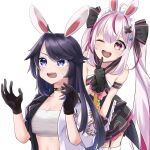  ! !! 2girls ahoge animal_ears armband bandages bangs black_choker black_dress black_gloves black_hair black_ribbon blue_eyes chest_sarashi choker commentary_request dress finger_to_mouth gloves hair_ornament hair_ribbon halterneck hand_up hands_up highres indie_virtual_youtuber jacket kemonomimi_mode long_hair midriff multicolored_hair multiple_girls navel open_clothes open_jacket open_mouth pink_eyes pink_hair rabbit_ears ribbon sarashi short_dress simple_background souchou stomach strapless streaked_hair sudou_(s7_d8) sweat tomari_mari tomari_mari_channel tube_top twintails upper_body very_long_hair white_background x_hair_ornament 