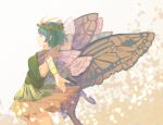  1girl antennae aqua_hair butterfly_wings closed_mouth clouds dress eternity_larva fairy feet_out_of_frame furahata_gen green_dress highres leaf leaf_on_head multicolored_clothes multicolored_dress short_hair single_strap smile solo touhou wings 