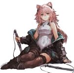  1girl absurdres animal_ears arknights bangs bare_shoulders brown_eyes earpiece eyebrows_visible_through_hair gravel_(arknights) highres holding holding_weapon jacket long_hair mouse_ears mouse_girl off_shoulder parted_lips pink_hair short_sword sitting sleeveless solo sword thigh-highs weapon yanyan_(shinken_gomi) 