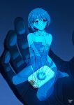  1girl :o absurdres animification artist_name blue_eyes blue_hair breasts collarbone cortana english_commentary halo_(series) halo_infinite highres hologram in_palm looking_at_viewer looking_up master_chief medium_breasts ryness sitting solo_focus the_weapon_(halo_infinite) unfinished wariza watermark 