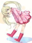  1girl bangs blonde_hair blunt_bangs boots character_request copyright_request eyebrows_visible_through_hair highres jacket knee_boots long_sleeves looking_at_viewer pink_footwear pink_jacket puddle rubber_boots skirt smile solo twintails white_background yama_tatsuo yellow_eyes 
