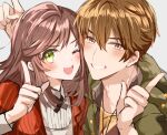  1boy 1girl :d bangs blush brown_eyes brown_hair green_eyes green_jacket grey_background grin h_haluhalu415 index_finger_raised jacket jewelry long_hair looking_at_viewer luke_pearce_(tears_of_themis) necklace one_eye_closed open_mouth polo_shirt red_jacket rosa_(tears_of_themis) shirt short_hair simple_background smile tears_of_themis teeth white_shirt 
