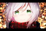  1girl aoi_thomas bangs blurry blurry_background closed_mouth colored_eyelashes commentary depth_of_field english_commentary green_eyes letterboxed looking_at_viewer original plaid plaid_scarf portrait red_scarf scarf silver_hair smile snow snowflakes solo swept_bangs 
