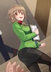  1girl ass bangs black_legwear black_skirt blazer blurry blurry_background blush braid brown_eyes brown_hair commentary depth_of_field dutch_angle eyebrows_visible_through_hair formal green_jacket hair_ornament hair_over_shoulder hair_scrunchie holding holding_notebook idolmaster idolmaster_cinderella_girls jacket kamille_(vcx68) long_sleeves looking_at_viewer medium_hair miniskirt notebook office_lady open_mouth out_of_frame outdoors pantyhose pencil_skirt pov scrunchie senkawa_chihiro single_braid skirt skirt_suit smile solo_focus sparkle stairs suit 