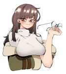  1girl :3 black_survival blush breasts brown_eyes brown_hair character_request closed_mouth coat eyewear_removed green_coat grey_sweater highres holding holding_eyewear large_breasts long_hair long_sleeves mnnnya off_shoulder simple_background smile smug solo sweater upper_body white_background 