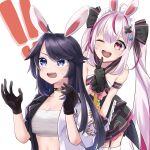  ! !! 2girls ahoge animal_ears armband bandages bangs black_choker black_dress black_gloves black_hair black_ribbon blue_eyes chest_sarashi choker commentary_request dress finger_to_mouth gloves hair_ornament hair_ribbon halterneck hand_up hands_up highres indie_virtual_youtuber jacket kemonomimi_mode long_hair midriff multicolored_hair multiple_girls navel open_clothes open_jacket open_mouth pink_eyes pink_hair rabbit_ears ribbon sarashi short_dress simple_background souchou stomach strapless streaked_hair sudou_(s7_d8) sweat tomari_mari tomari_mari_channel tube_top twintails upper_body very_long_hair white_background x_hair_ornament 