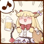  1girl bangs beer_mug blonde_hair blush bow bowtie chain chibi closed_eyes commentary_request cuffs cup eighth_note hair_bow holding holding_cup horn_bow horn_ornament horns ibuki_suika long_hair mug musical_note open_mouth orb poronegi purple_bow purple_skirt pyramid_(geometry) red_bow red_bowtie shackles shirt skirt smile solo spoken_musical_note touhou white_shirt wrist_cuffs 