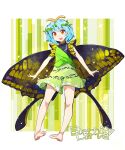  1girl antennae aqua_hair bare_legs barefoot butterfly_wings character_name dress eternity_larva eyebrows_visible_through_hair fairy full_body green_dress highres leaf leaf_on_head multicolored_clothes multicolored_dress open_mouth orange_eyes short_hair single_strap smile solo touhou umigarasu_(kitsune1963) wings 