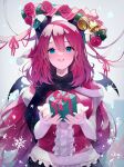  1girl absurdres bell blue_eyes blush breasts christmas demon_horns demon_wings flower frills gift highres holding horns large_breasts long_hair looking_at_viewer mistletoe open_mouth original redhead ribbon rose simple_background smile snowflakes solo upper_body w_(w64851564) wings 