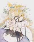  1girl animal_ears arknights bangs bare_shoulders closed_eyes dress flower fox_ears fox_girl fox_tail frilled_dress frills hairband hanato_koucha multiple_tails oripathy_lesion_(arknights) parted_lips solo suzuran_(arknights) tail 