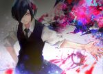 1girl bangs black_necktie black_vest collared_shirt colorful cowboy_shot grey_shirt hair_over_one_eye hand_on_hip highres kagune_(tokyo_ghoul) kirishima_touka kyuuba_melo looking_at_viewer multicolored_background necktie red_eyes shiny shiny_hair shirt short_hair short_sleeves smile solo tokyo_ghoul vest 