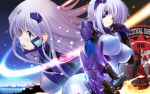  2girls bangs breasts covered_nipples cryska_barchenowa floating_hair fortified_suit from_side hair_behind_ear hair_intakes inia_sestina large_breasts long_hair looking_ahead looking_at_viewer miyata_sou multiple_girls muvluv muvluv_alternative muvluv_total_eclipse official_art official_wallpaper open_hand pilot_suit silver_hair smile violet_eyes 