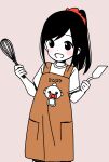  1girl :d alternate_hairstyle apron bangs blush brown_apron commentary_request dot_nose english_text grey_background hair_ornament hair_scrunchie happy highres hitori_bocchi hitoribocchi_no_marumaru_seikatsu holding holding_spatula holding_whisk katsuwo_(cr66g) long_hair looking_at_viewer open_mouth partially_colored ponytail print_apron red_scrunchie scrunchie shirt short_sleeves sidelocks simple_background smile solo spatula split_mouth standing whisk 