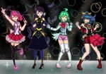  4girls ahoge aqua_eyes blue_eyes blue_hair blush bow bracelet bracelet_girls breast_press breasts eyebrows eyebrows_visible_through_hair green_eyes green_hair hair_between_eyes hair_bow hair_ornament hair_ribbon highres hiiragi_yuzu kurosaki_ruri long_hair mendako microphone multicolored_hair multiple_girls open_mouth pink_eyes pink_hair ponytail purple_hair quadruplets ribbon rin_(yuu-gi-ou_arc-v) serena_(yuu-gi-ou_arc-v) smile two-tone_hair yu-gi-oh! yu-gi-oh!_arc-v yuu-gi-ou yuu-gi-ou_arc-v 