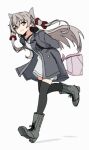  1girl amatsukaze_(kancolle) arms_behind_back bento boots coat commentary_request cross-laced_footwear dress full_body grey_background grey_coat grey_dress grey_footwear grey_legwear hair_tubes highres kantai_collection kazakura_(kazakura_js) lace-up_boots long_hair official_alternate_costume running silver_hair simple_background solo thigh-highs two_side_up windsock 
