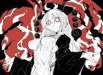  1girl aura black_headwear breasts chinese_clothes closed_mouth crazy_smile eyebrows_visible_through_hair hair_between_eyes highres junko_(touhou) large_breasts long_hair long_sleeves massakasama phoenix_crown red_eyes solo spot_color tabard touhou upper_body wide_sleeves 