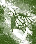  0-den 1girl antennae ass bare_legs barefoot blush butterfly_wings dress eternity_larva eyebrows_visible_through_hair fairy highres leaf leaf_on_head looking_at_viewer monochrome multicolored_clothes multicolored_dress open_mouth short_hair smile solo touhou wings 