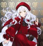  1girl capelet caren_hortensia caren_hortensia_(amor_caren) closed_mouth dress_shirt fate/grand_order fate_(series) floating_hair hat highres long_hair long_sleeves looking_at_viewer medium_skirt pleated_skirt recurrence red_capelet red_headwear red_shirt red_skirt red_sleeves shirt silver_hair skirt solo standing very_long_hair yellow_eyes 