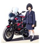  1girl black_footwear black_hair blue_jacket blue_necktie blue_skirt bob_cut border brown_eyes closed_mouth collared_shirt dated ground_vehicle highres horikou jacket koguma_(super_cub) long_sleeves looking_at_viewer medium_hair motor_vehicle motorcycle necktie pleated_skirt shirt shoes signature skirt socks solo standing striped_necktie super_cub white_border white_legwear white_shirt wing_collar 