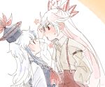  2girls ascot bangs bem black_headwear blue_dress blue_hair blush bow brown_shirt closed_mouth collar collared_shirt dress eyebrows_visible_through_hair flower fujiwara_no_mokou hair_between_eyes hand_up hands_in_pockets hands_on_hips hat itomugi-kun jewelry juliet_sleeves kamishirasawa_keine long_hair long_sleeves looking_at_another looking_down looking_up multicolored_bow multicolored_hair multiple_girls open_mouth orange_background pants pink_flower pink_hair puffy_long_sleeves puffy_sleeves red_ascot red_bow red_eyes red_pants shirt touhou white_background white_bow white_hair white_shirt 