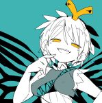  1girl antennae aqua_background blush butterfly_wings dress eternity_larva eyebrows_visible_through_hair fairy leaf leaf_on_head massakasama multicolored_clothes multicolored_dress open_mouth sharp_teeth short_hair simple_background single_strap smile solo spot_color teeth touhou upper_body wings yellow_eyes 