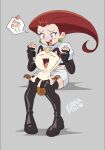  1girl absurdres boots earrings highres holding jessie_(pokemon) jewelry kiana_mai long_hair meowth open_mouth pawpads pokemon pokemon_(creature) smile tail team_rocket team_rocket_uniform thigh-highs thigh_boots violet_eyes 