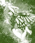  0-den 1girl antennae ass bare_legs barefoot blush butterfly_wings dress eternity_larva eyebrows_visible_through_hair fairy highres leaf leaf_on_head looking_at_viewer monochrome multicolored_clothes multicolored_dress open_mouth short_hair smile solo touhou wings 