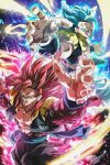  2boys attack blue_eyes blue_hair clenched_hand dragon_ball dragon_ball_heroes dragon_ball_super dual_persona energy fighting_stance foreshortening glowing gogeta gogeta_(xeno) highres incoming_attack incoming_punch male_focus metamoran_vest monkey_boy monkey_tail multiple_boys muscular no_nipples pink_fur punching red_fur reeya saiyan serious spiky_hair super_full_power_saiyan_4_limit_breaker super_saiyan super_saiyan_4 super_saiyan_blue super_saiyan_blue_evolved tail teeth 