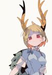  1girl blonde_hair blue_shirt breasts closed_mouth dragon_horns eyebrows_visible_through_hair highres horns kicchou_yachie massakasama red_eyes shirt short_hair short_sleeves simple_background small_breasts solo touhou turtle_shell upper_body white_background 