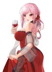  1girl absurdres alcohol bangom_r bangs breasts cowboy_shot cup dress drinking_glass from_side highres holding holding_cup hololive hololive_english large_breasts long_hair looking_at_viewer mori_calliope pink_hair red_dress simple_background solo virtual_youtuber white_background wine wine_glass 