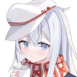  1girl anchor_print bangs blue_eyes cup eyebrows_visible_through_hair flat_cap hair_between_eyes hat hibiki_(kancolle) highres holding holding_cup kantai_collection long_hair looking_at_viewer momoimonaka red_scarf scarf silver_hair snowflake_print star_(symbol) star_print steam verniy_(kancolle) white_background 