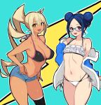  2girls :d bikini blonde_hair blue-framed_eyewear blue_background blue_hair blue_shorts breasts brown_eyes commentary_request copyright_request dark-skinned_female dark_skin double_bun flat_chest frilled_bikini frills glasses highres large_breasts long_hair looking_at_viewer multiple_girls navel open_mouth poin ponytail red_eyes short_hair short_shorts shorts side-tie_bikini sidelocks sketch smile stomach swimsuit thighs white_bikini 