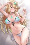  1girl bikini blonde_hair blush breasts chest_jewel earrings gem headpiece jewelry large_breasts long_hair looking_at_viewer lying mythra_(xenoblade) navel on_back parted_lips r-binon side-tie_bikini solo straight_hair sweatdrop swimsuit thighs tiara very_long_hair xenoblade_chronicles_(series) xenoblade_chronicles_2 yellow_eyes 