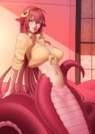  1girl arm_support bottomless breasts deilan12 fang fang_out hair_between_eyes hair_ornament hairclip highres lamia lips miia_(monster_musume) monster_girl monster_musume_no_iru_nichijou navel no_pussy orange_eyes pointy_ears redhead scales shirt slit_pupils smile solo tail tied_shirt 