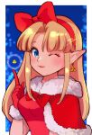  1girl artist_name blonde_hair blue_eyes bow breasts christmas closed_mouth elf gloves hair_bow hand_up highres index_finger_raised long_hair looking_at_viewer nonoworks one_eye_closed pointy_ears princess_zelda ribbon santa_dress santa_gloves sidelocks smile solo the_legend_of_zelda triforce triforce_earrings upper_body 